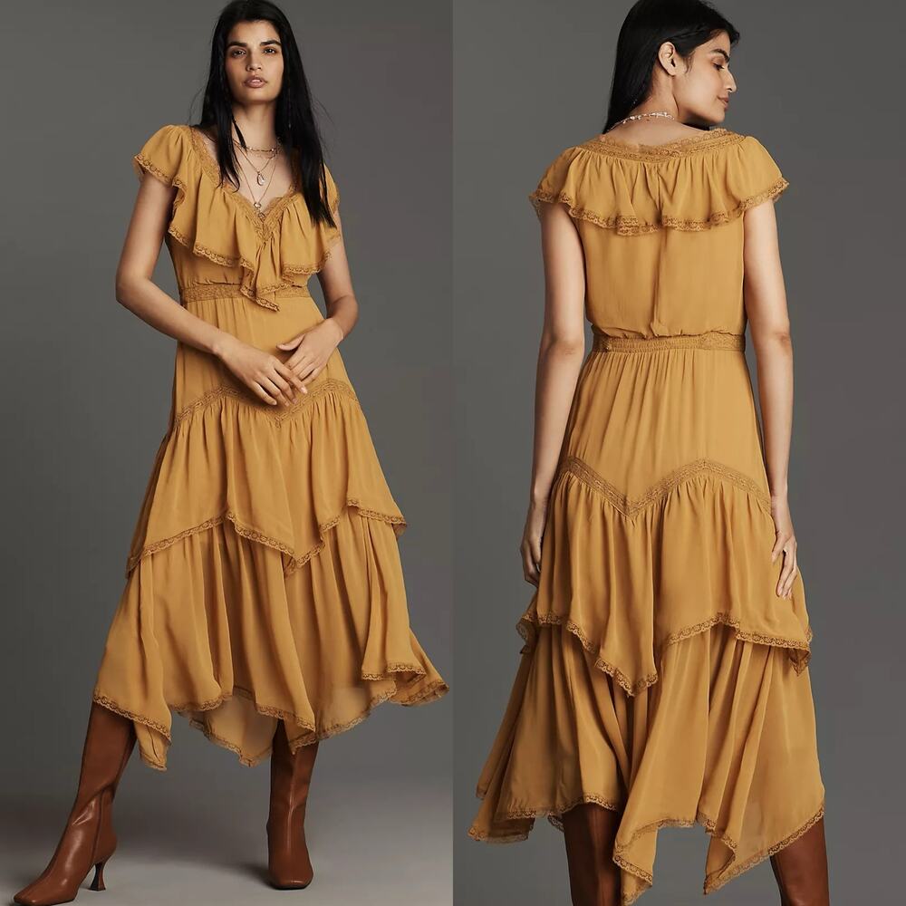 By Anthropologie Short-Sleeve V-Neck Ruffle Midi Dress Yellow Marigold